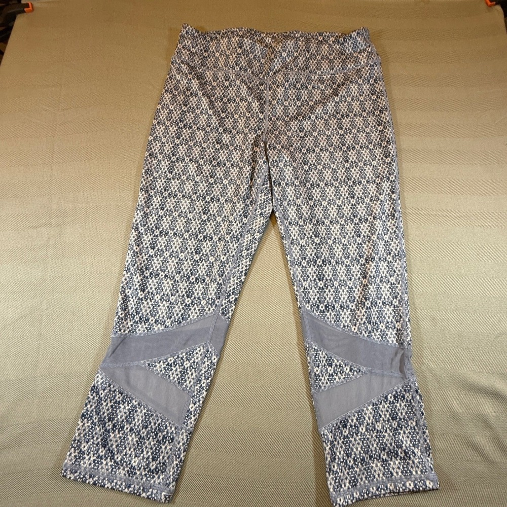 Gaiam Blue White Geometric Mesh Panel Capri Leggings Womens XL Yoga 2582